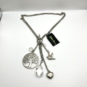 Cookie Lee Tree Of Life Silver Charm Necklace Bird Heart Crystal Accents NEW VTG